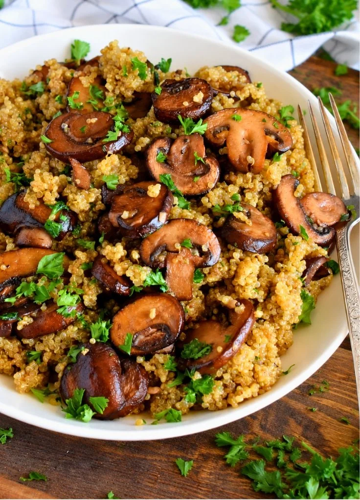 Bowl of quick garlic mushroom quinoa served for a healthy dinner for two