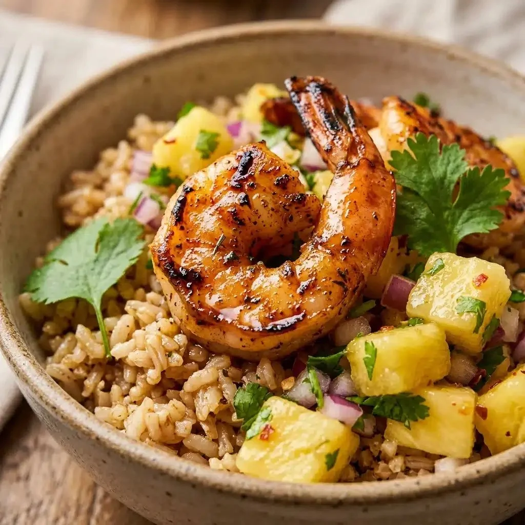 Delicious shrimp rice bowl with vibrant pineapple salsa on top.