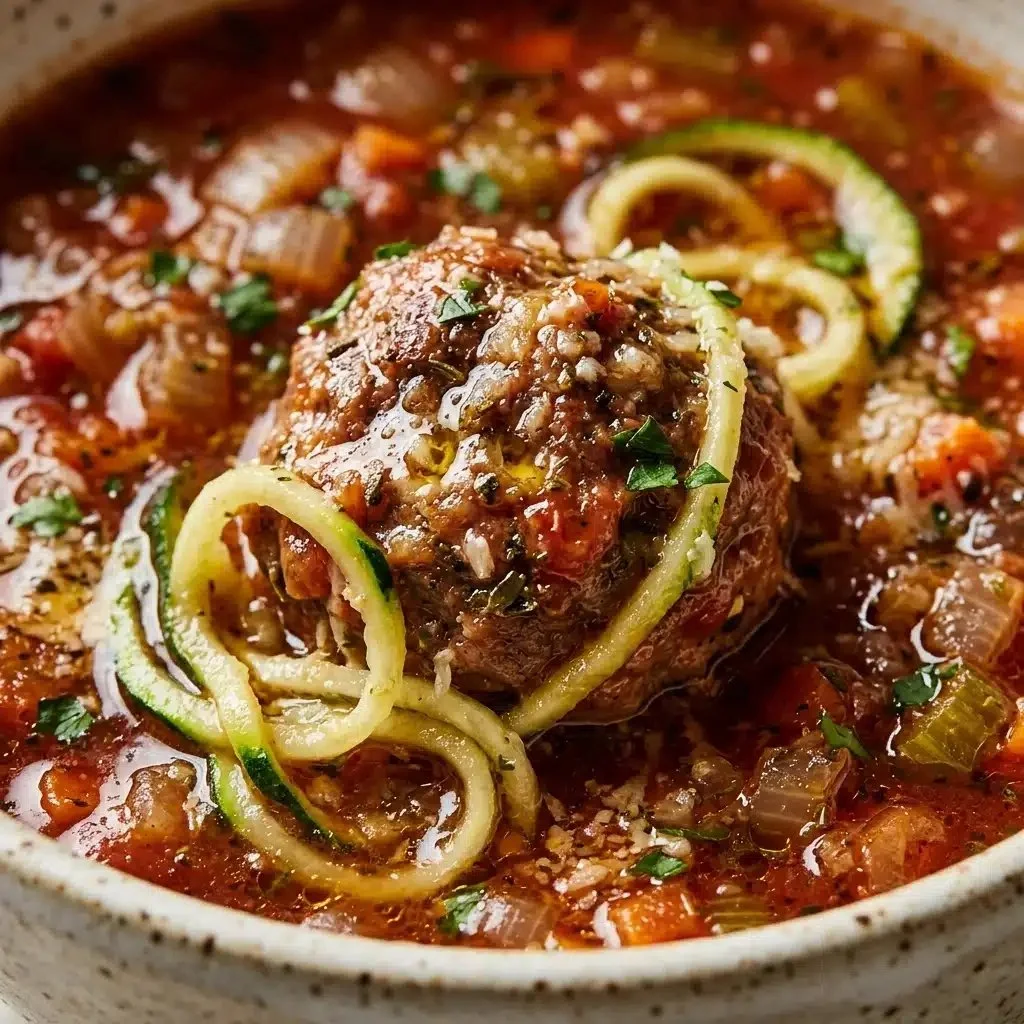 Slow cooker meatball zoodle soup in a bowl with fresh herbs.