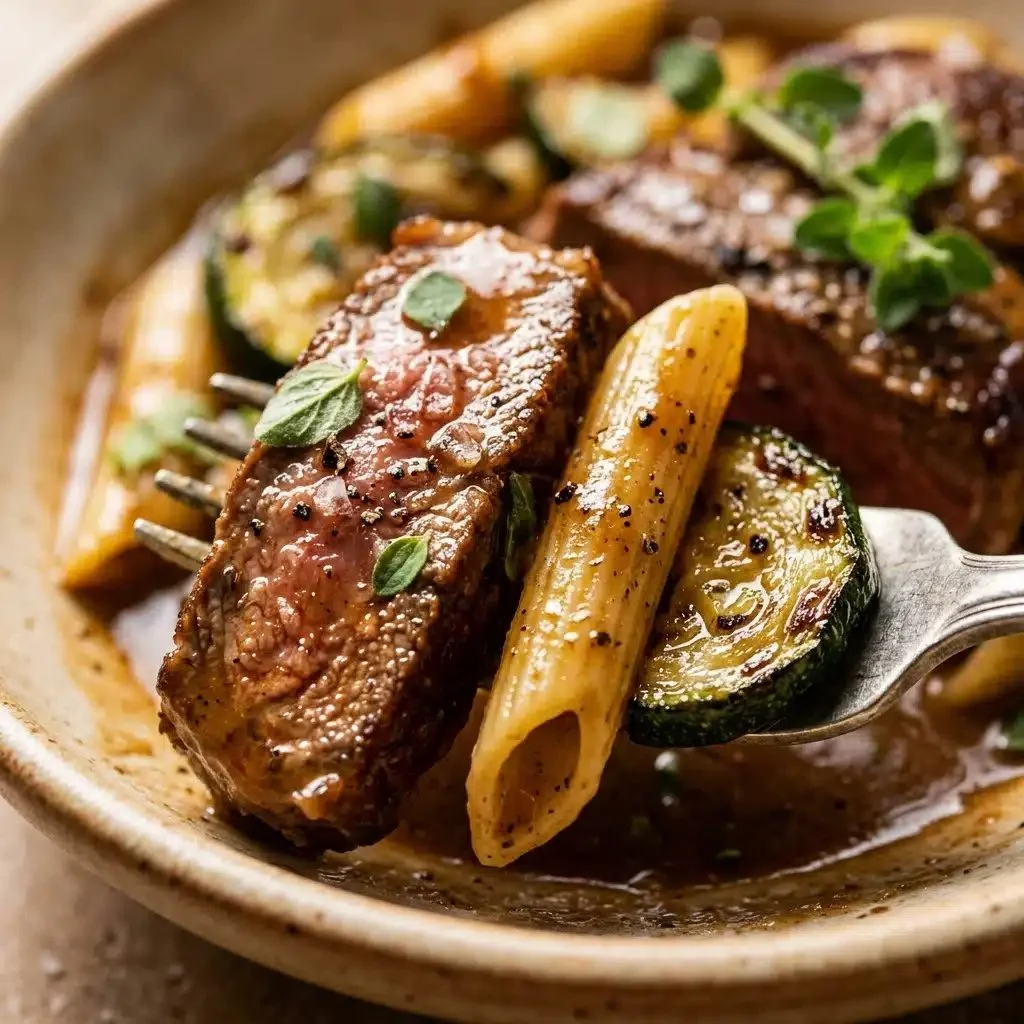 Delicious Steak Penne with Zucchini served in a bowl