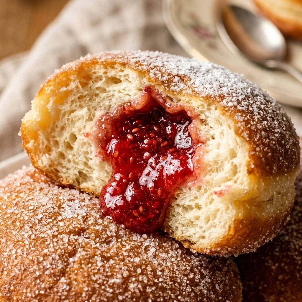 Delicious homemade Sufganiyot jelly donuts dusted with sugar