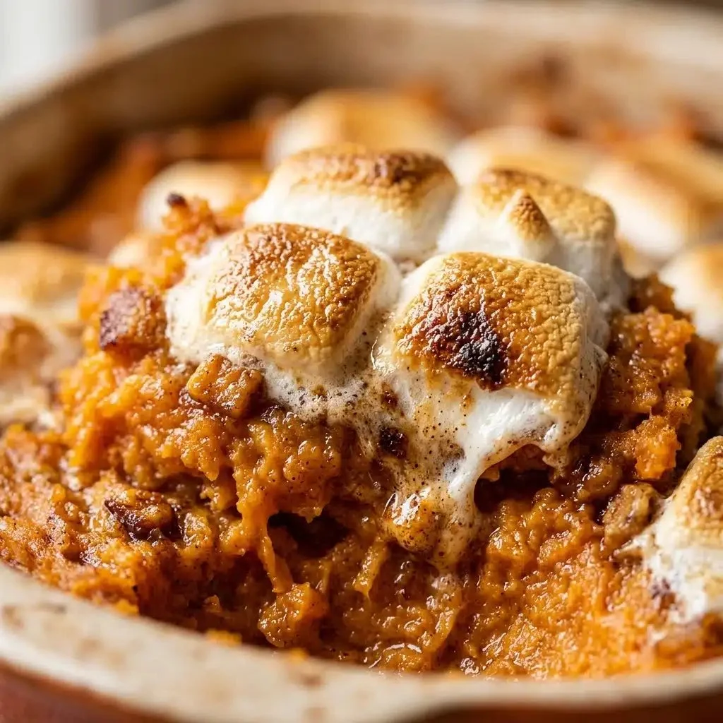 Delicious sweet potato casserole topped with fluffy marshmallows