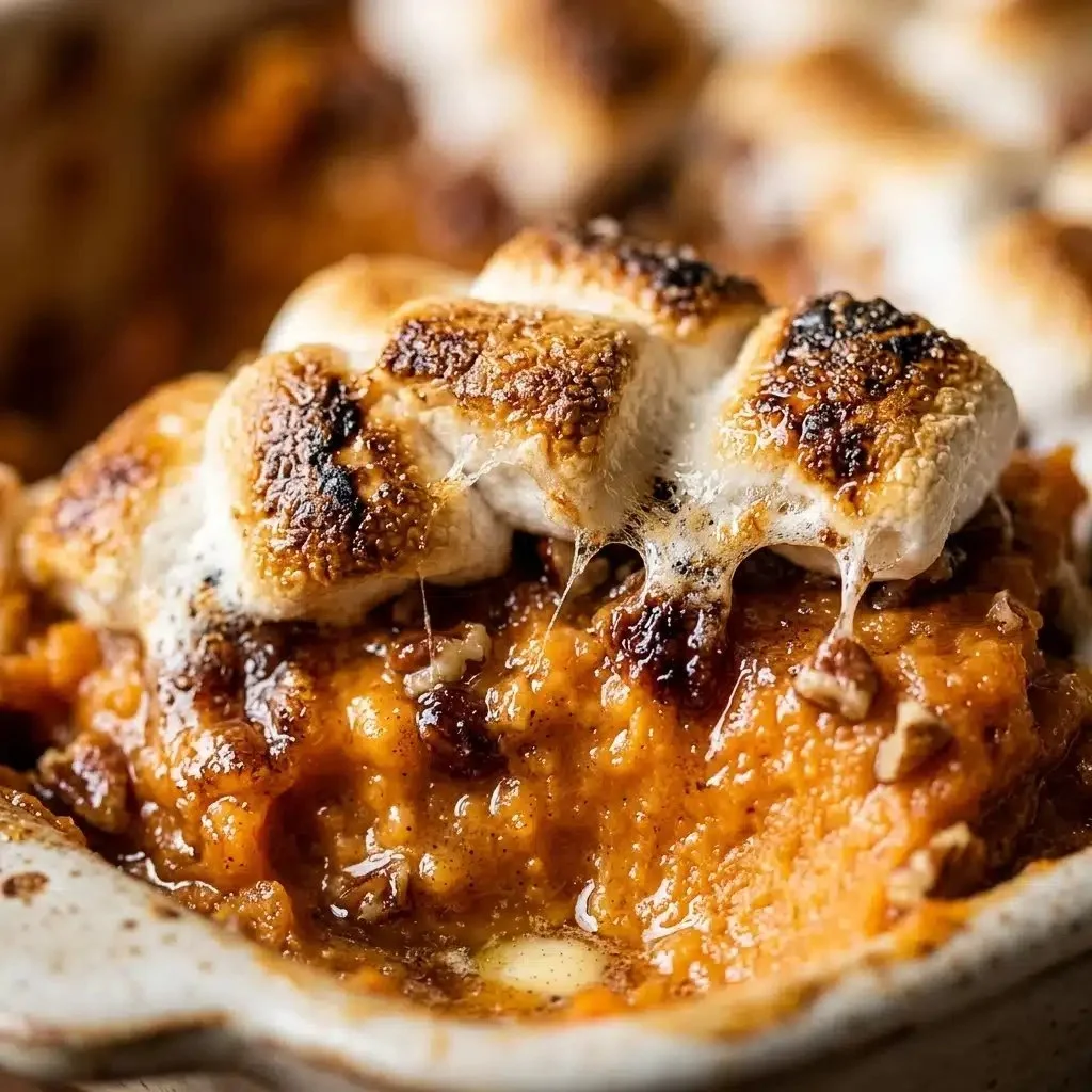 Delicious sweet potato casserole topped with marshmallows, perfect for holidays.
