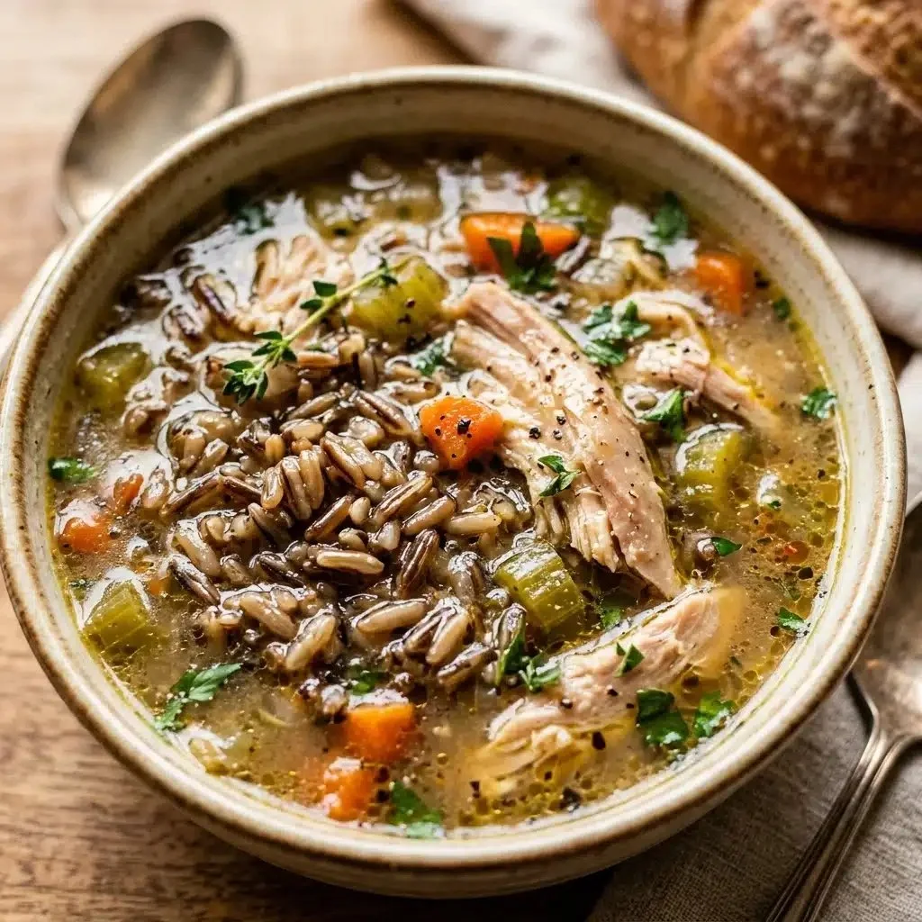 Bowl of Turkey and Wild Rice Soup garnished with herbs