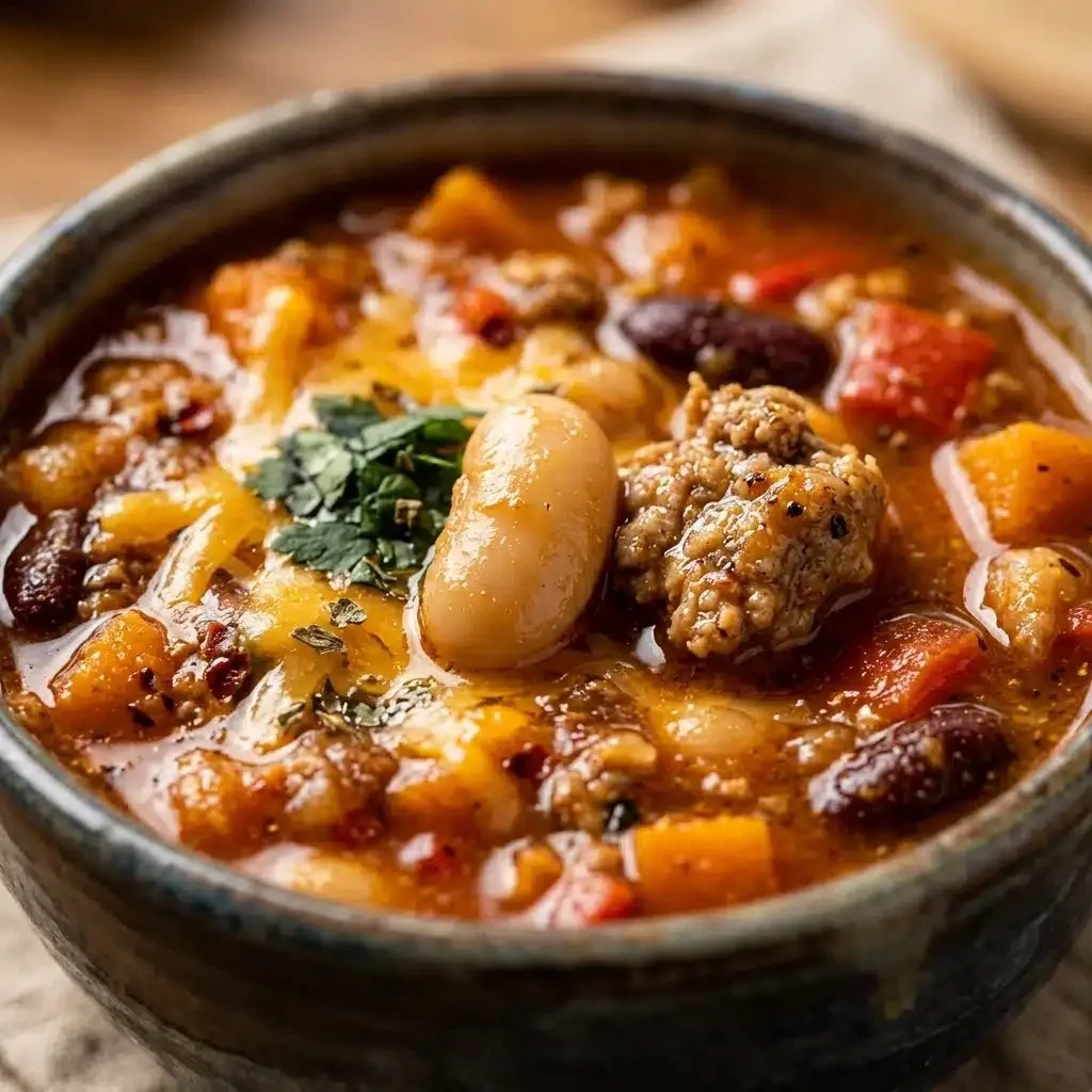 Bowl of Turkey Pumpkin White Bean Chili garnished with herbs and spices